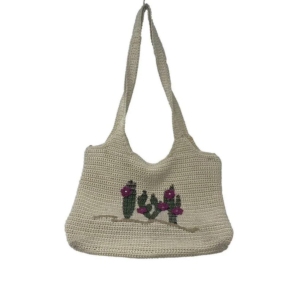 The Sac Ecru Crochet Cactus Flower Hobo Shoulder Bag Tassel Bag Charm Purse - Picture 1 of 8